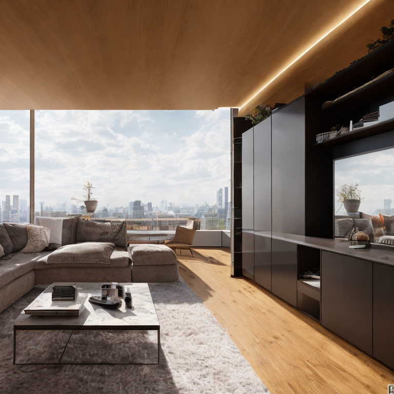 Contemporary living room with cityscape views, grey sofas, wooden accents, and stylish décor.