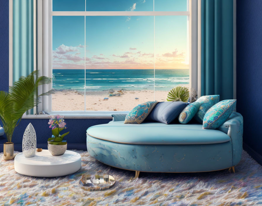 Modern Blue Sofa with Vibrant Cushions in Cozy Beachside Room