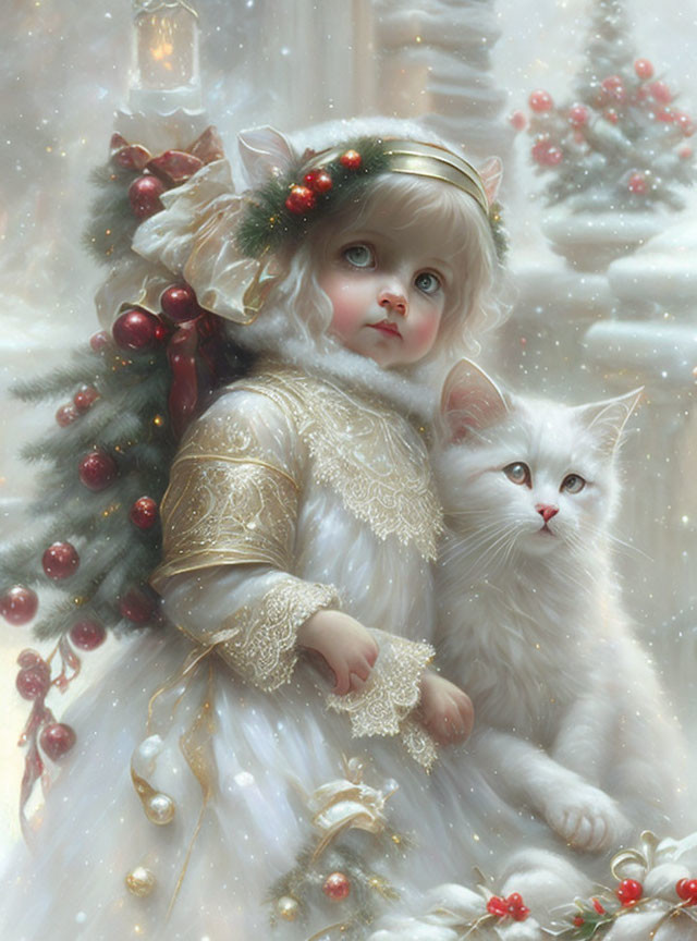 Child in white festive dress with cat by Christmas tree in snowy scene
