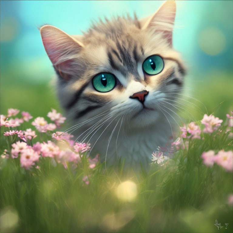 Fluffy Tabby Cat Among Pink Flowers in Grassy Field