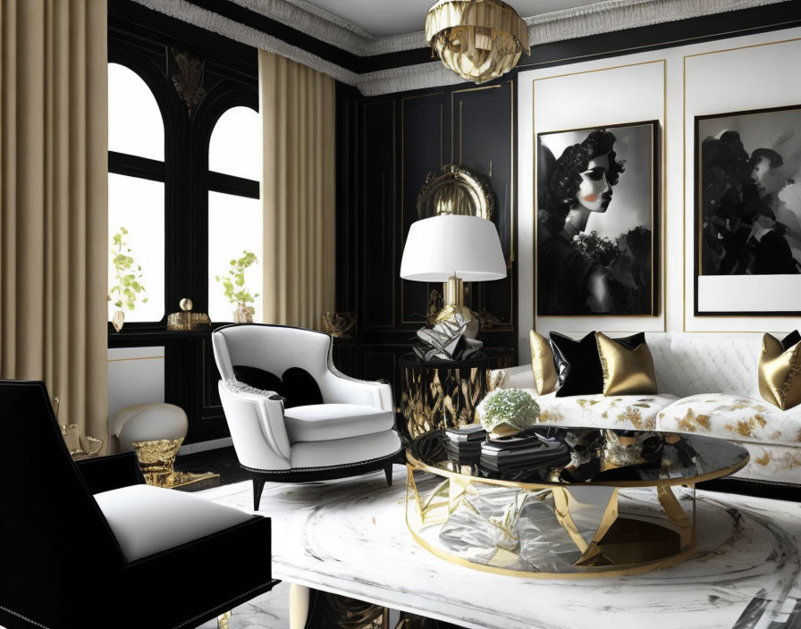 Sophisticated living room with black walls, white furniture, golden accents, marble table, and black