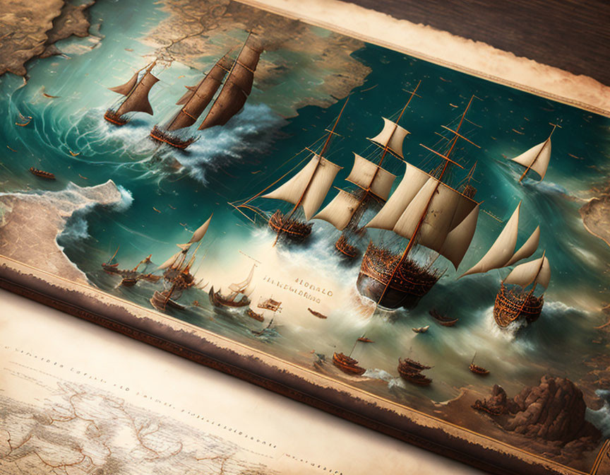 Vintage sailing ships on map depicted in 3D perspective