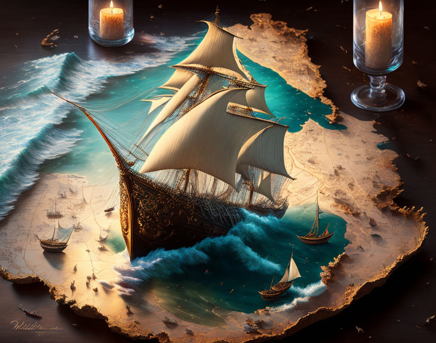 Fantastical ships sailing on sea in world map setting with candles on dark background