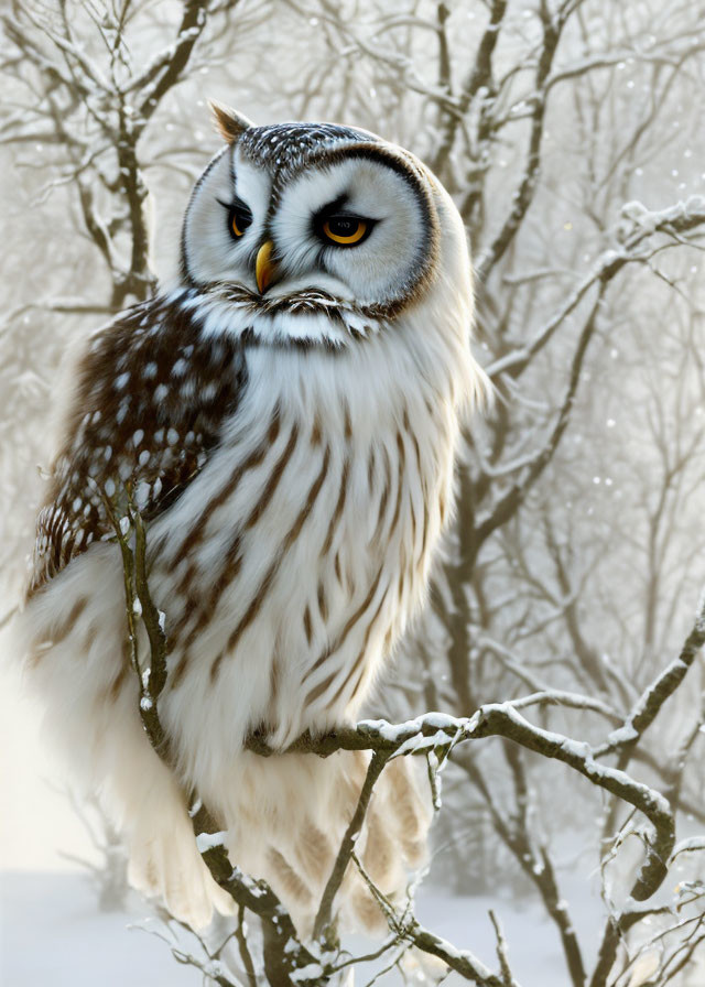 Majestic owl with orange eyes on frosty branch in snowy forest