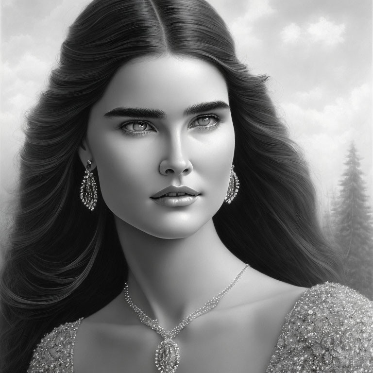 Detailed monochrome portrait of a woman with intense gaze and prominent eyebrows, adorned with sparkling earrings and necklace