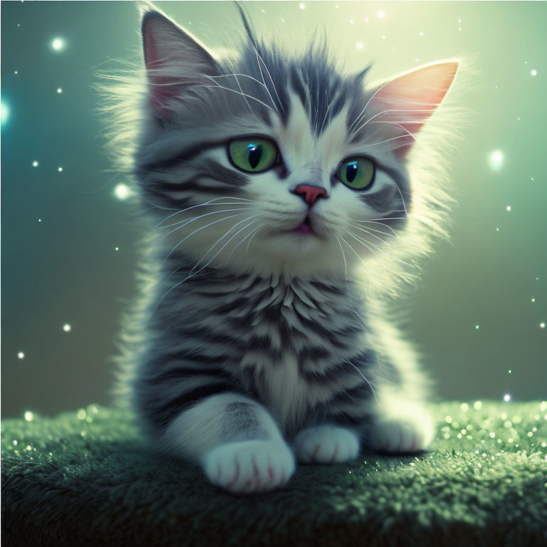 Gray and White Kitten with Green Eyes in Mystical Setting