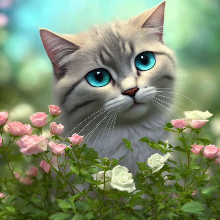 Gray Cat with Blue Eyes Surrounded by Pink and White Roses on Green Background