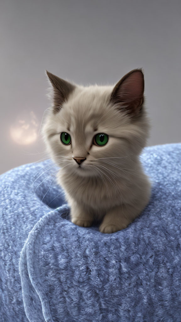 Fluffy White Cat with Grey-Tipped Ears and Green Eyes on Blue Surface