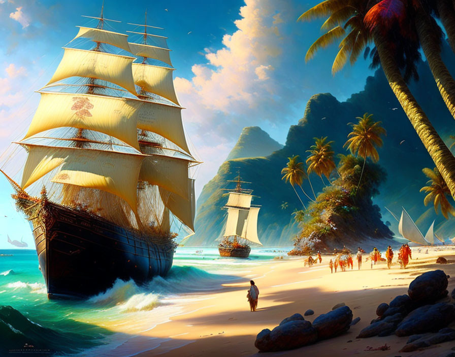 Tropical beach scene with tall ships, palm trees, people, canoes