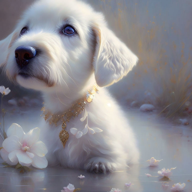 White Puppy with Golden Necklace Surrounded by Flowers