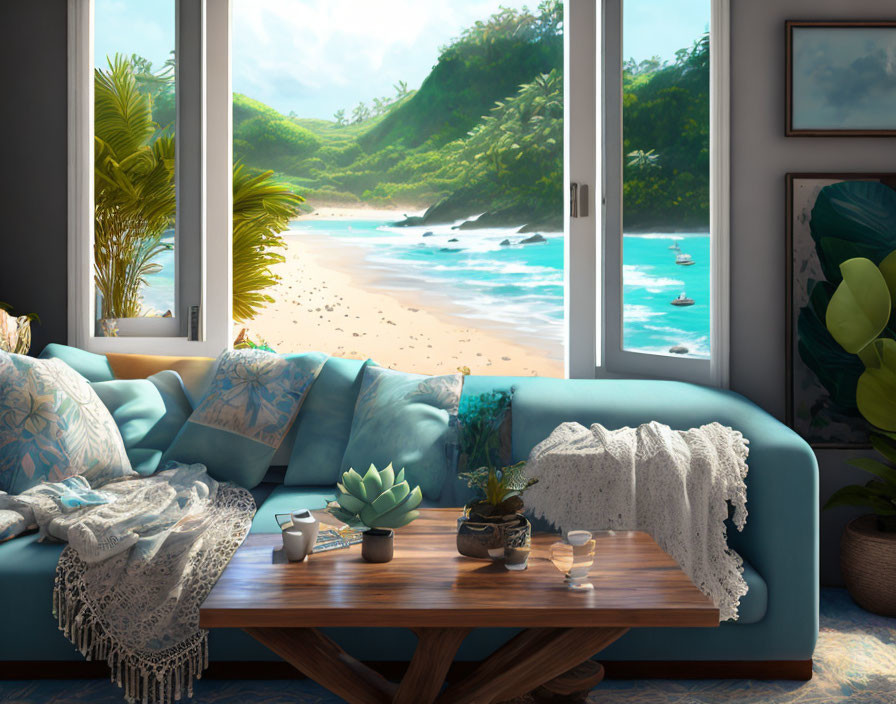 Beachside living room with sunny beach view, turquoise sofa, wooden table