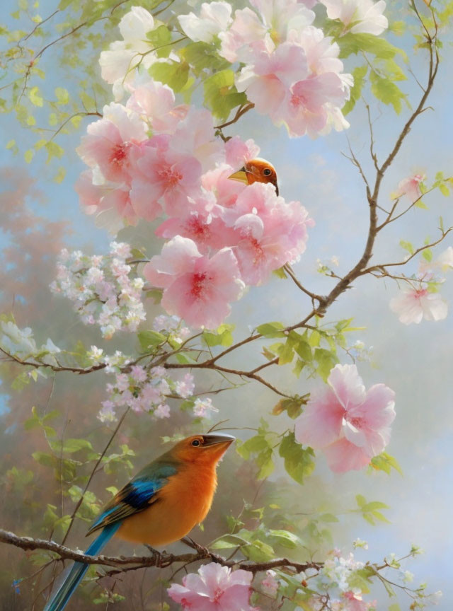 Colorful Bird Perched on Branch Among Pink Blossoms