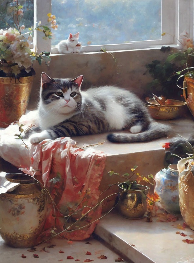 Tabby cat relaxing on sunlit window ledge with potted plants and flowers