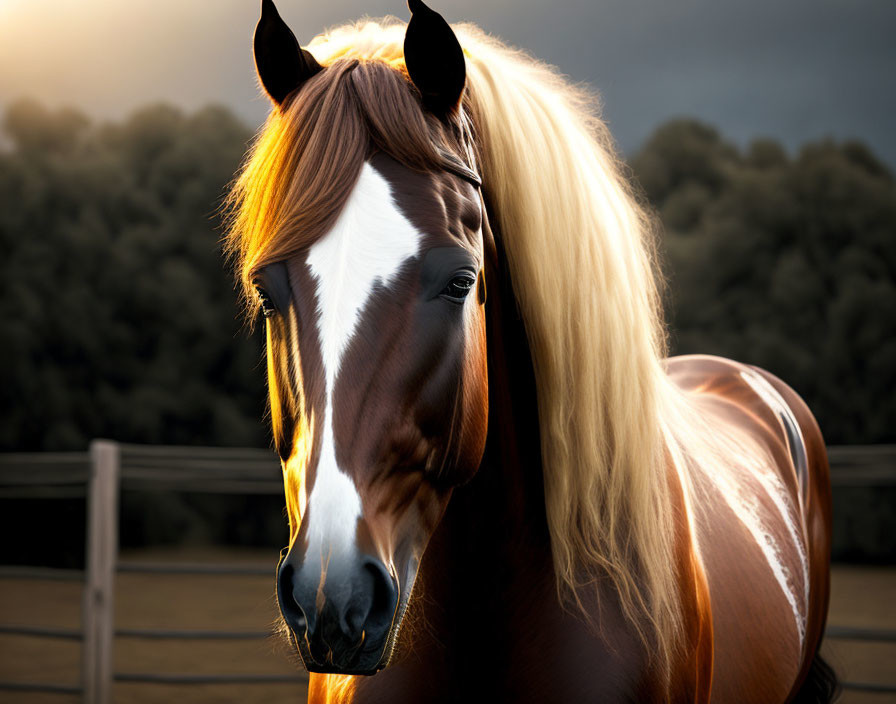 Brown horse with blonde mane and white blaze against dramatic sky