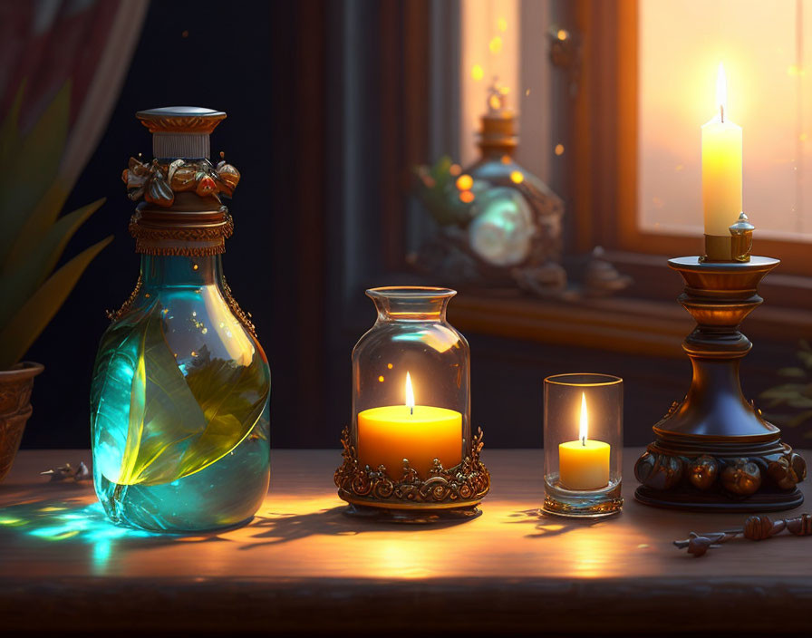 Glowing blue potion bottle, candles, and jar on wooden surface