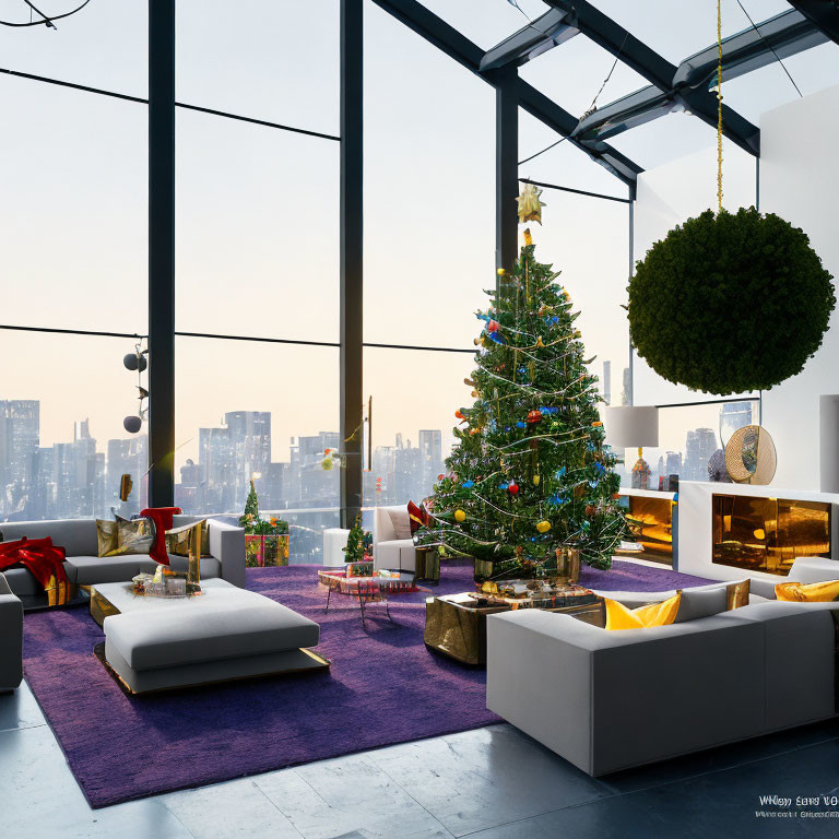 Festive living room with Christmas tree, gifts, modern furniture, fireplace, city skyline views at