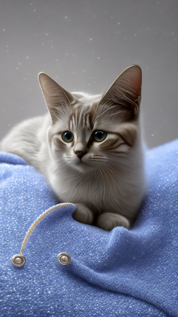 White Cat with Blue Eyes in Cozy Blue Fabric with Snowflakes