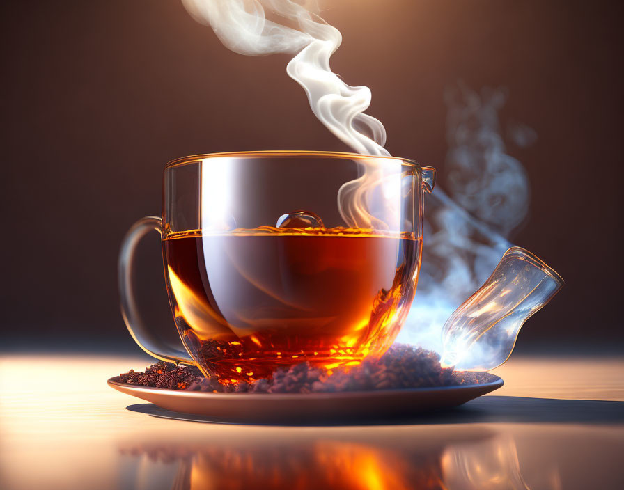 Translucent amber tea cup on saucer against warm brown background