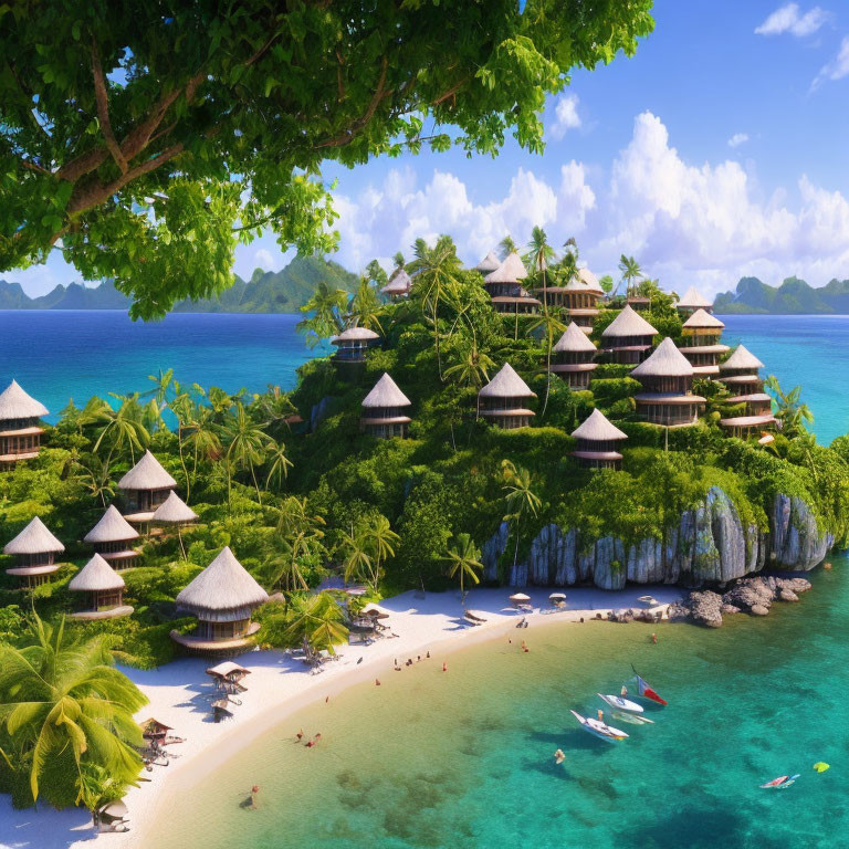 Thatched-Roof Bungalows Overlooking Sandy Beach