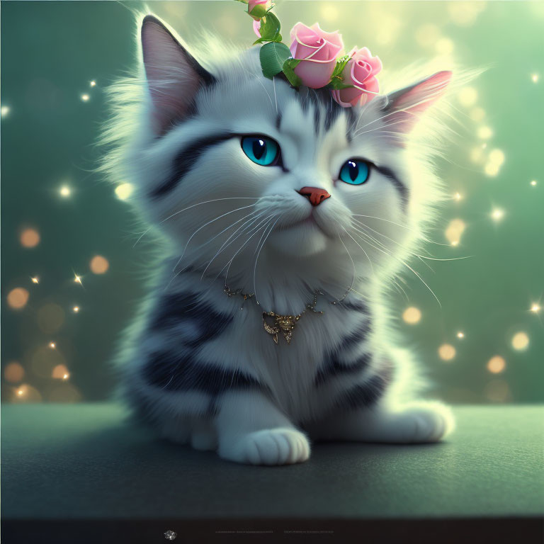 Adorable white and grey kitten with blue eyes and floral crown in digital art