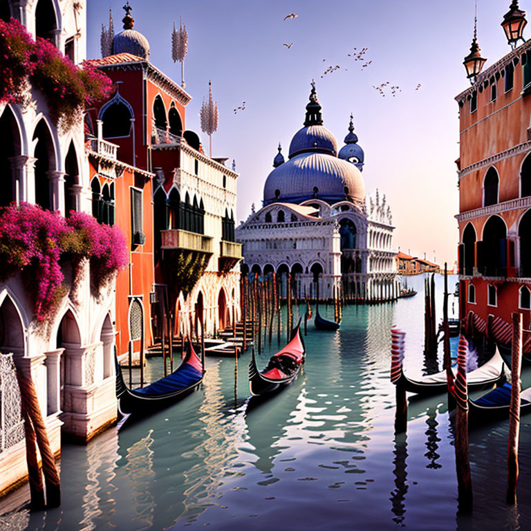 Venice Canal with Gondolas and Basilica View