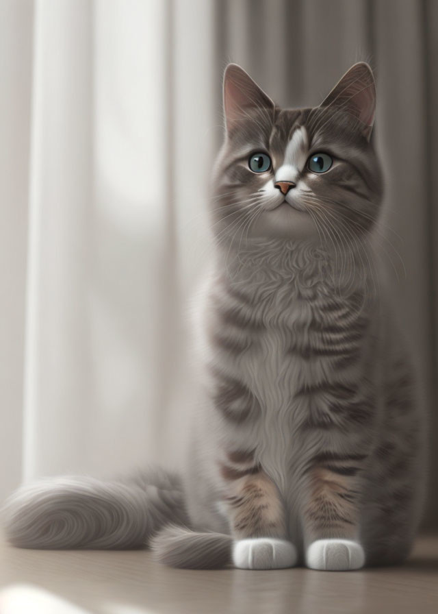 Gray tabby cat with blue eyes basks by window in soft daylight