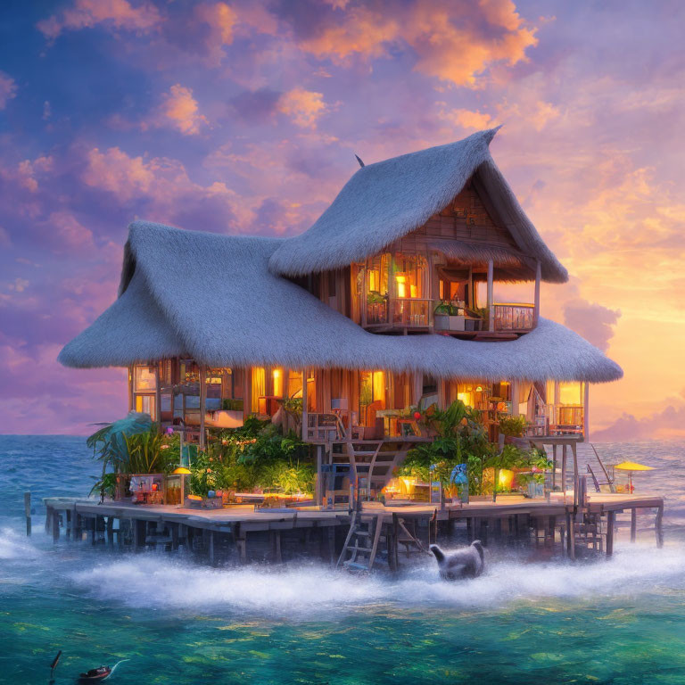 Thatched-Roof Villa Over Turquoise Waters at Sunset