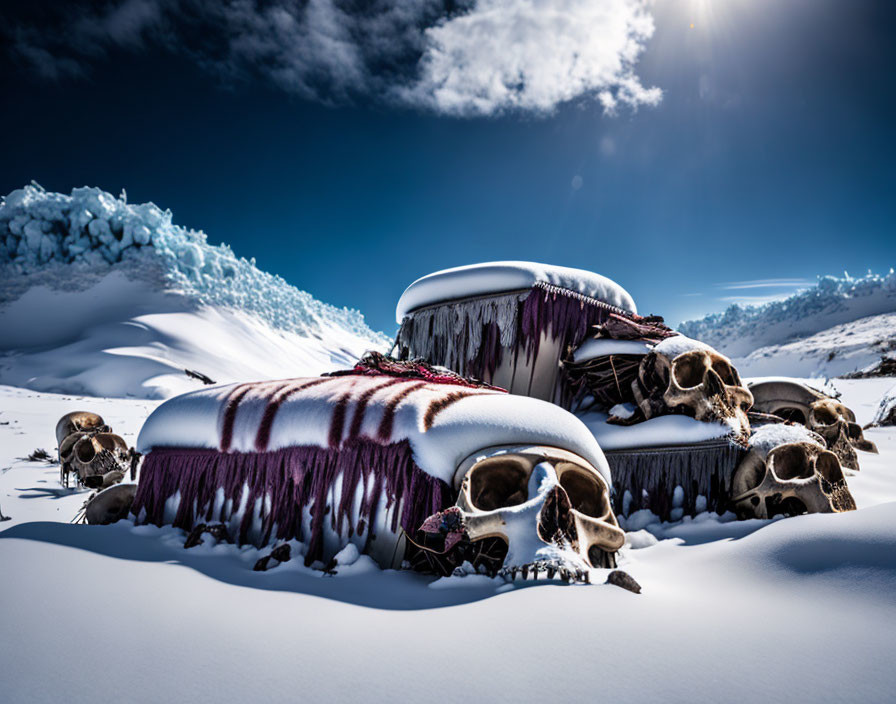 Snow-covered landscape featuring two sofas draped in purple fabric and adorned with animal skulls under a blue sky.