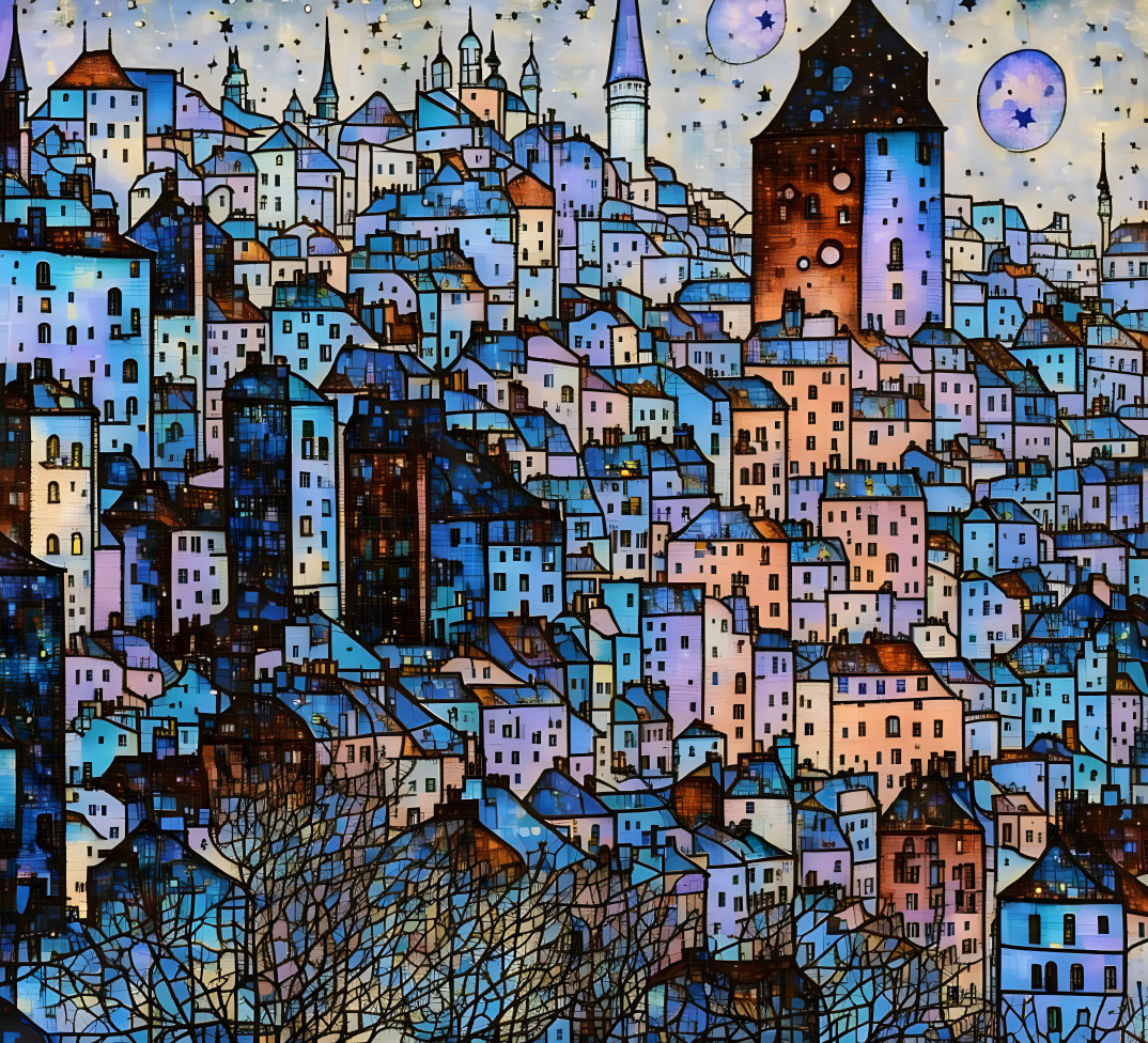 Vibrant townscape illustration under starry sky