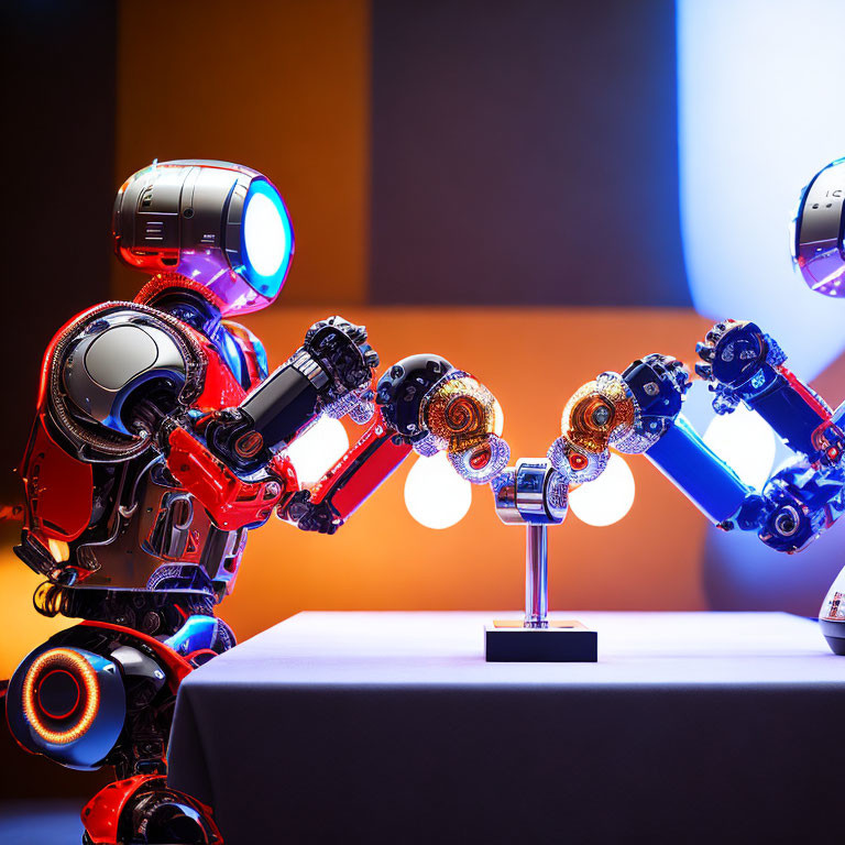 Futuristic robotic arms in lighted sphere on multicolored backdrop