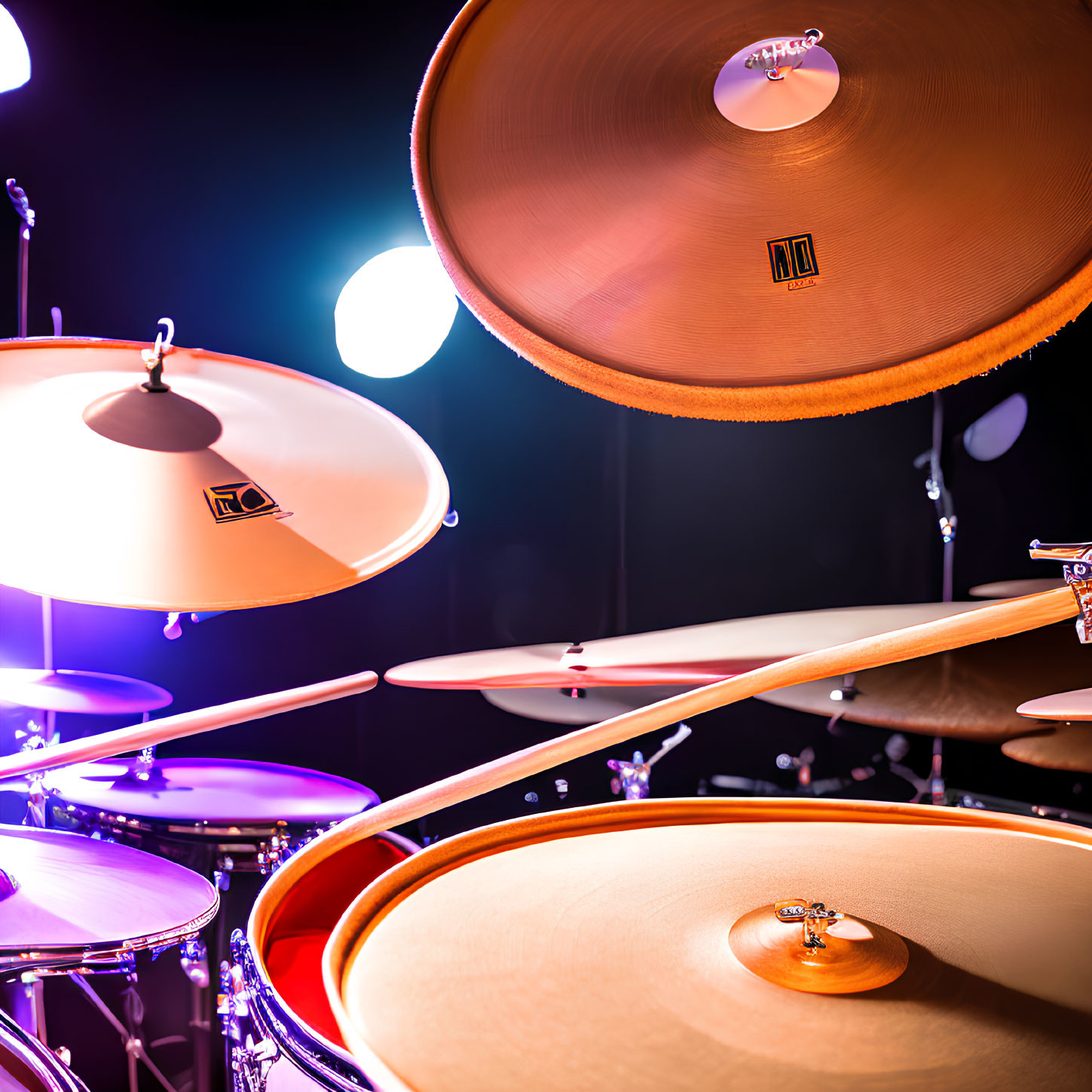 Detailed Close-Up of Drum Set with Cymbals and Stage Lighting