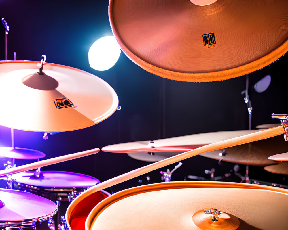 Detailed Close-Up of Drum Set with Cymbals and Stage Lighting