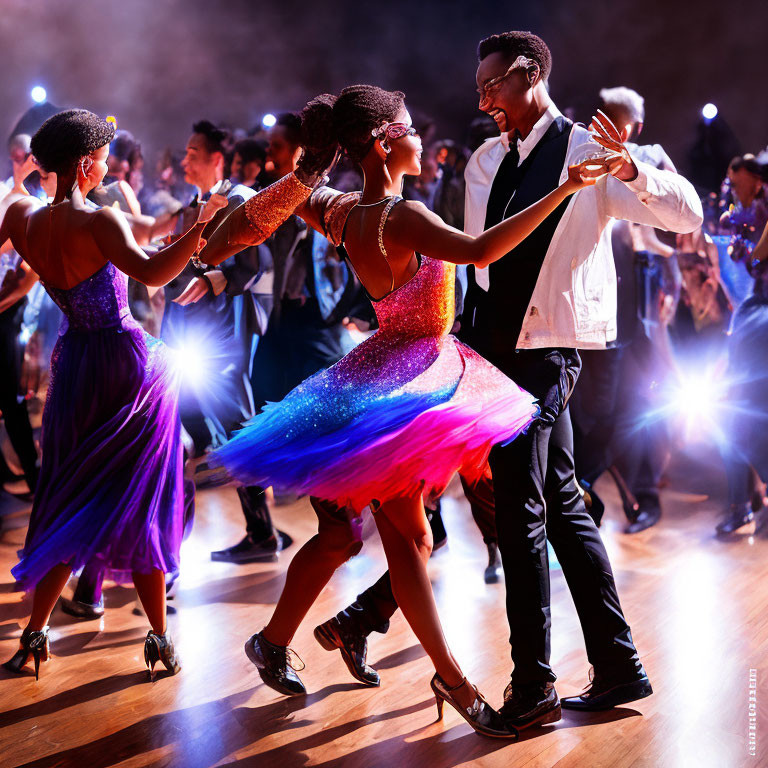 Couples Ballroom Dancing in Colorful Lit Hall