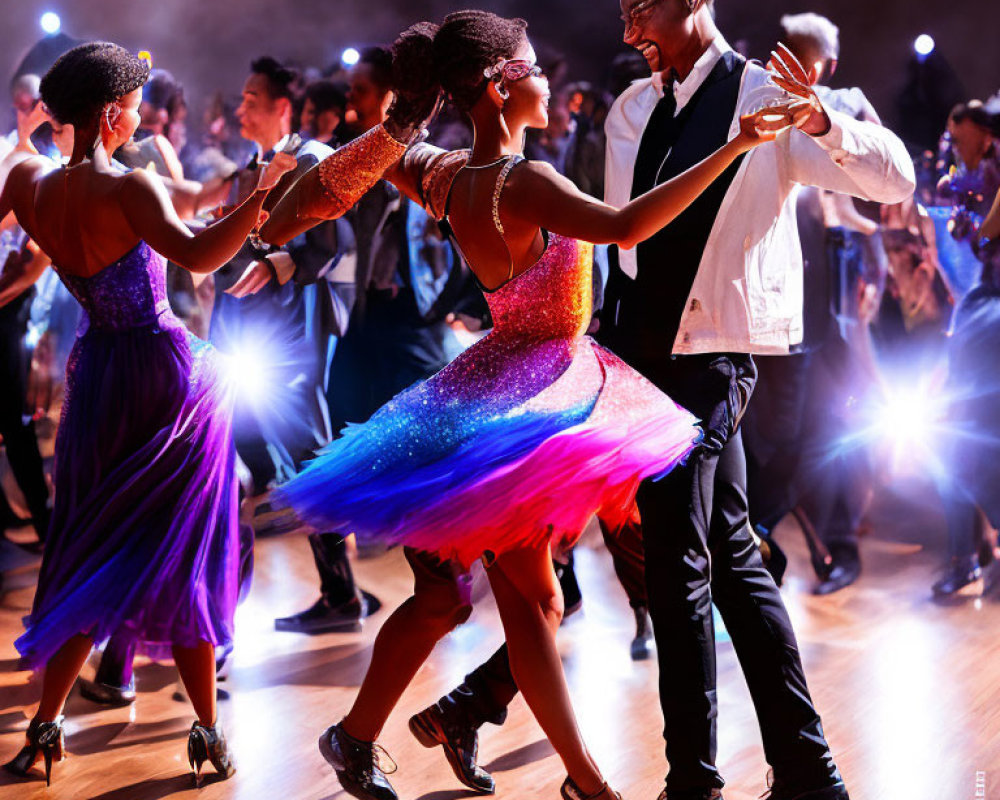 Couples Ballroom Dancing in Colorful Lit Hall