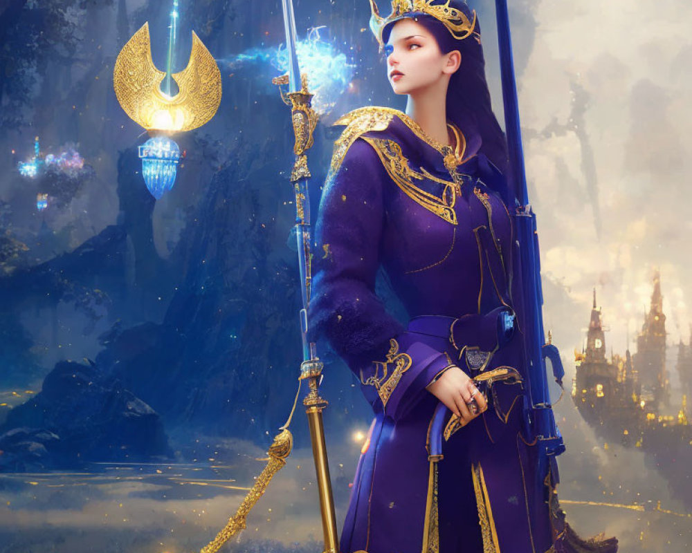 Royal fantasy figure in blue and gold attire with staff in mystical forest scene