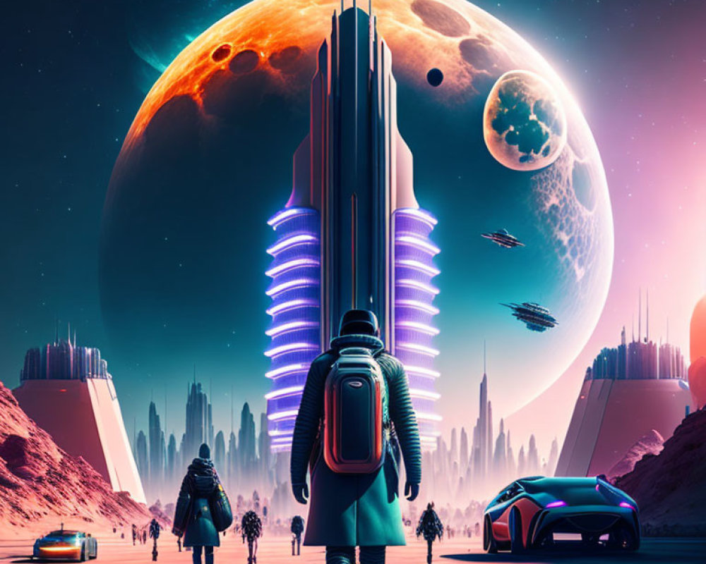 Futuristic cityscape with traveler, skyscraper, moon, flying vehicles & neon lights