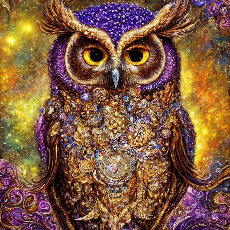 Colorful Owl Painting with Purple and Gold Hues and Cosmic Patterns