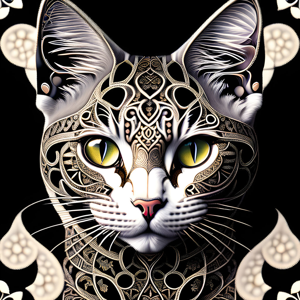 Detailed Cat Face Illustration with Yellow Eyes and Symmetrical Designs