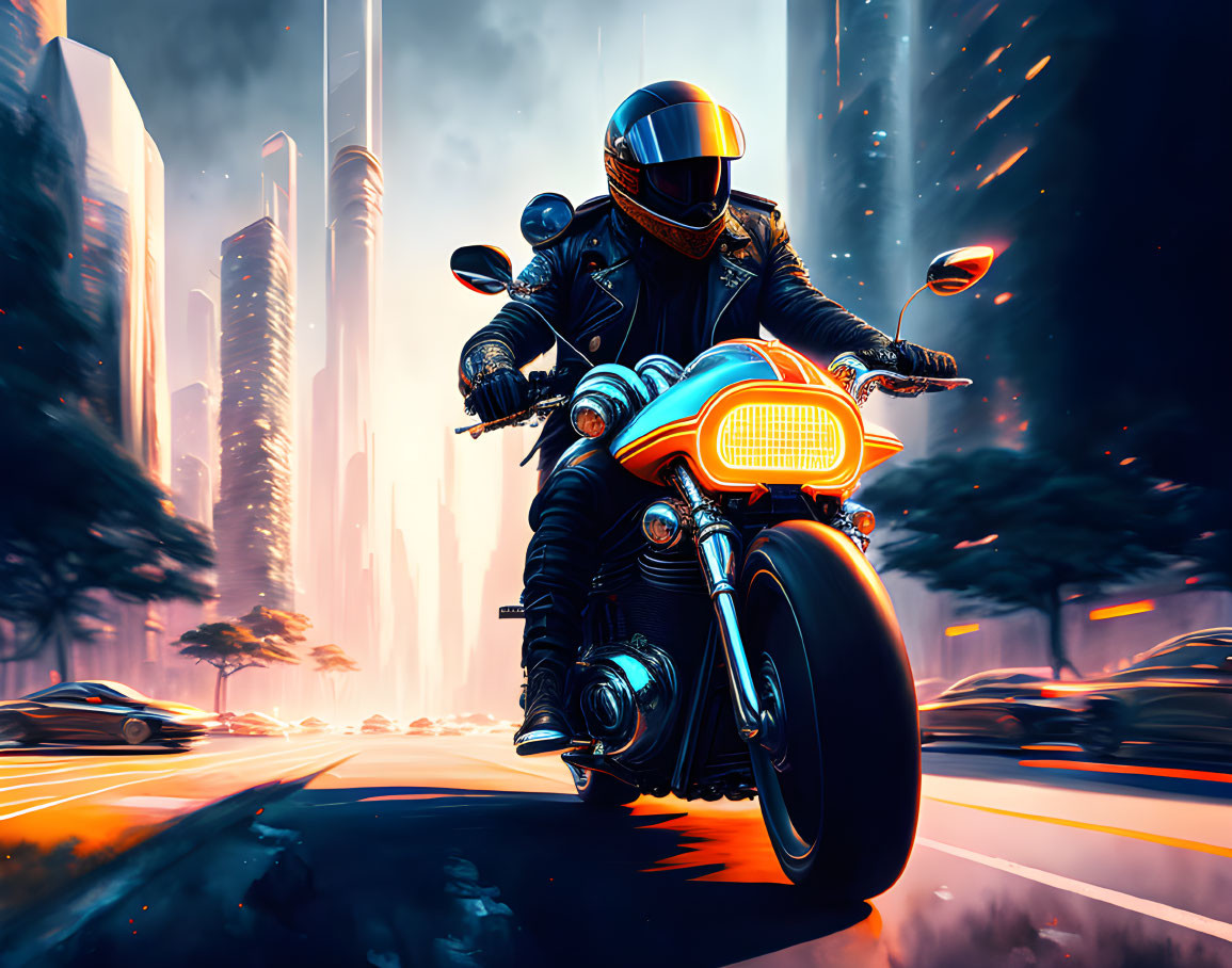 Futuristic motorcycle rider in black leather gear speeds through neon-lit cityscape