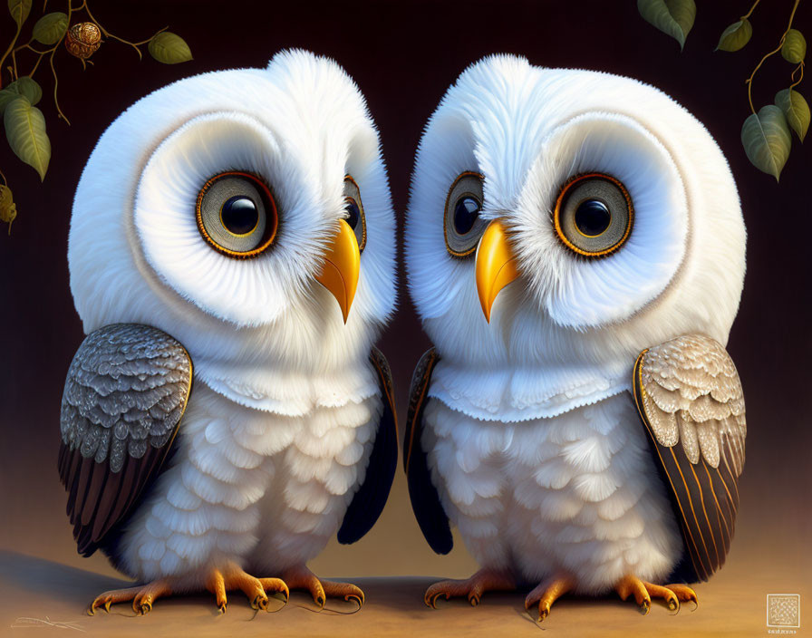Detailed anthropomorphized owls with expressive eyes and feathers on neutral background.