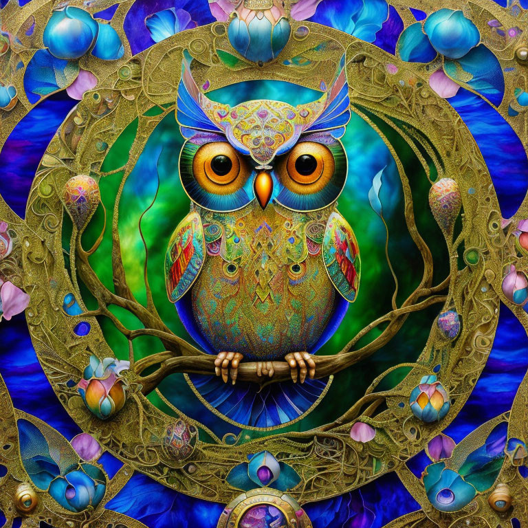 Colorful Owl Artwork with Nature-inspired Designs