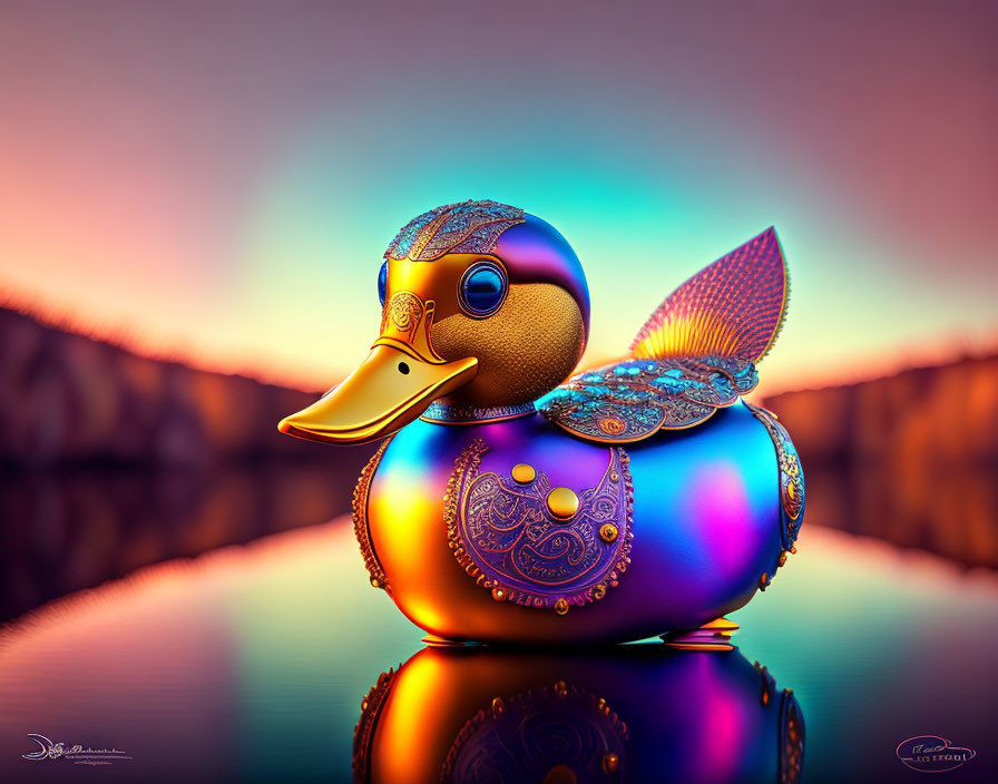 Colorful ornate rubber duck with metallic sheen in sunset reflection