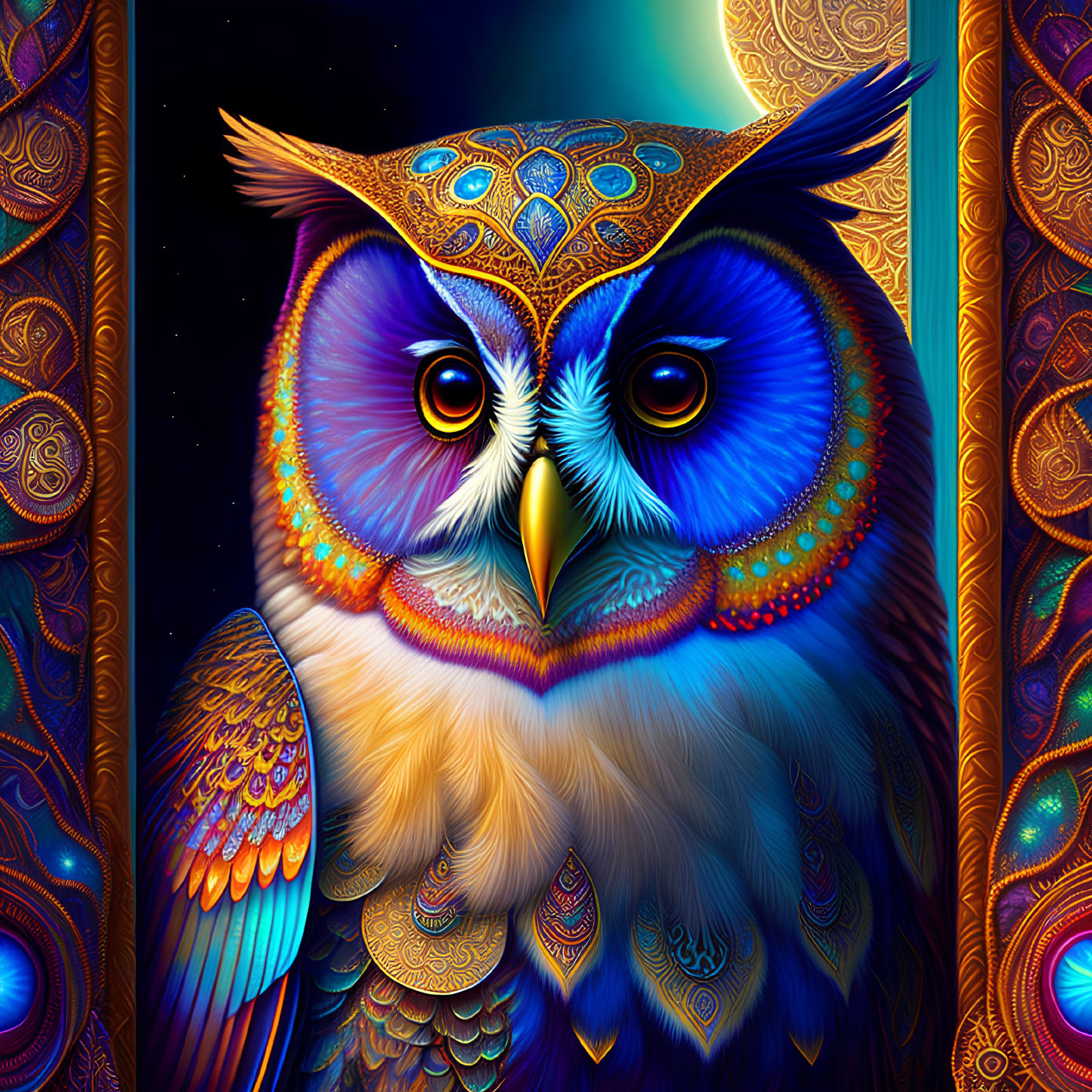 Colorful Owl Illustration with Intricate Patterns on Dark Background