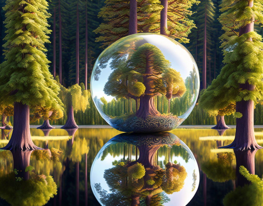 Enchanted forest scene with crystal ball and pine trees