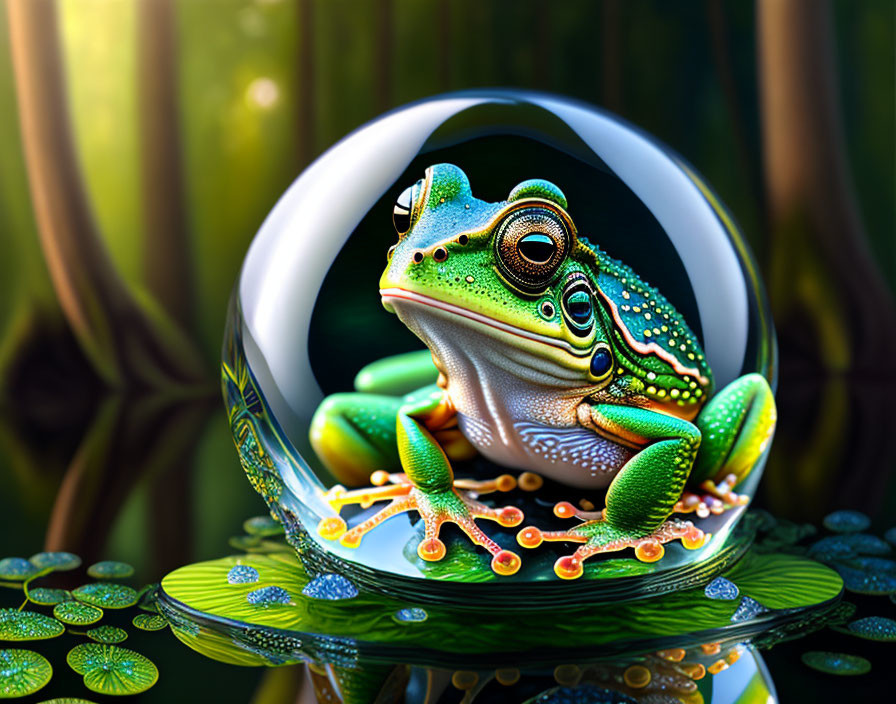 Colorful Frog on Leaf with Water Droplets in Surreal Circular Pattern