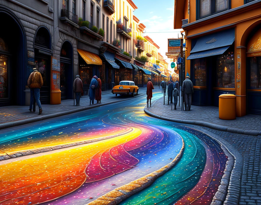 Colorful digital artwork: European street scene with galaxy-inspired road