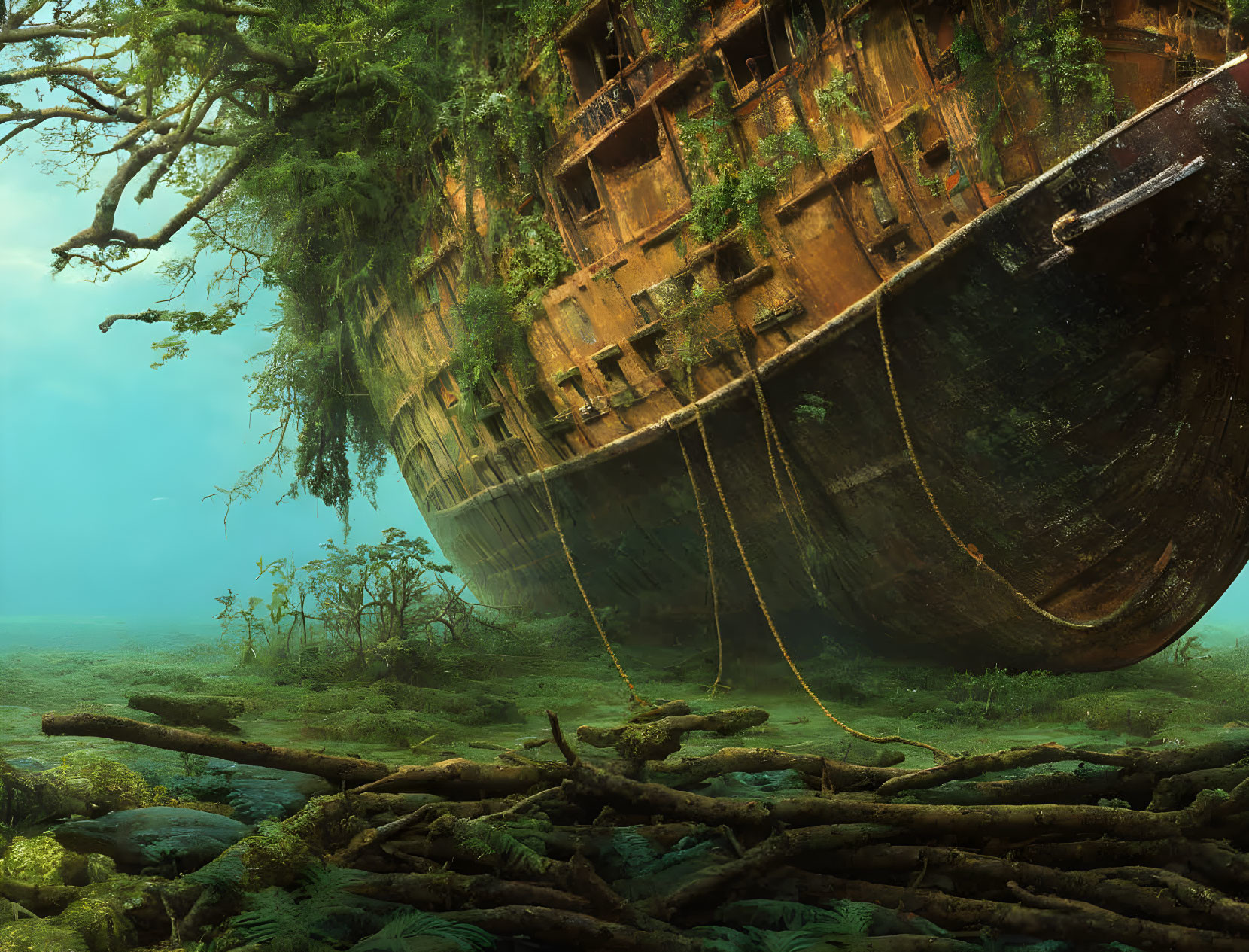 Mystical underwater forest with ancient shipwreck and marine flora