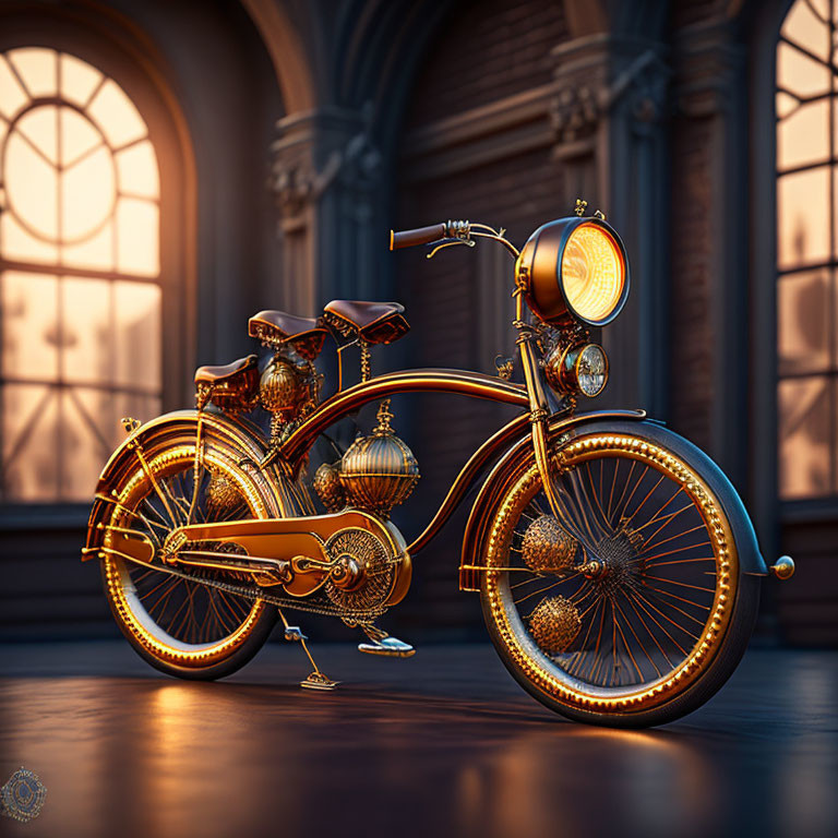 Steampunk-inspired retro bicycle with intricate metallic gears and elaborate detailing