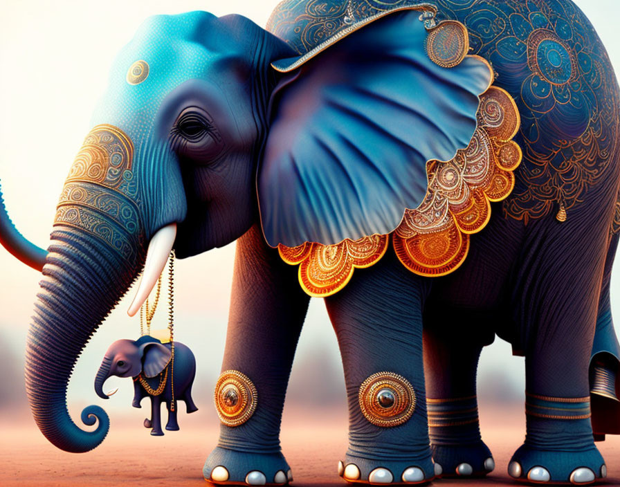 Ornate digital artwork featuring large and small elephants with intricate designs