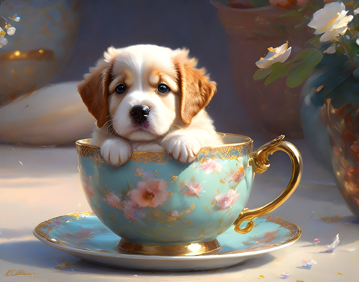 Brown and White Fur Puppy in Floral Teacup and Saucer Scene